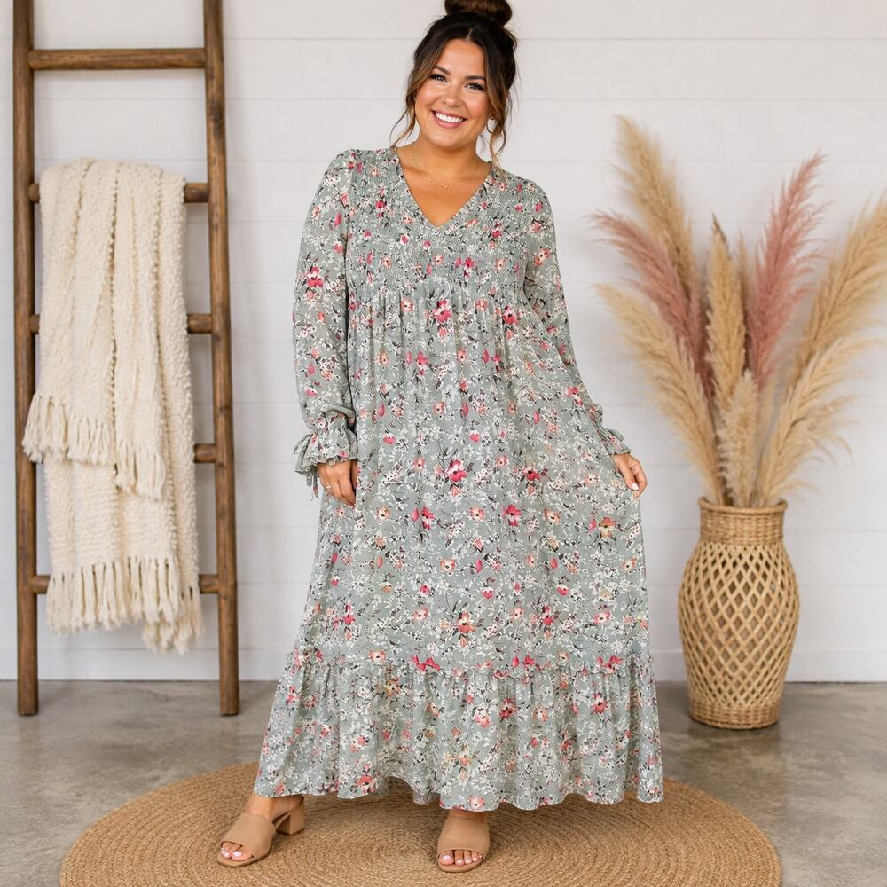 Hailey & Co Boutique Swiss Dot Floral Long Sleeve Maxi Dress Large